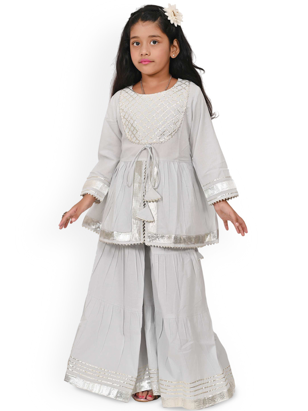GIANNA Girls Geometric Yoke Design Gotta Patti A-Line Kurta With Sharara