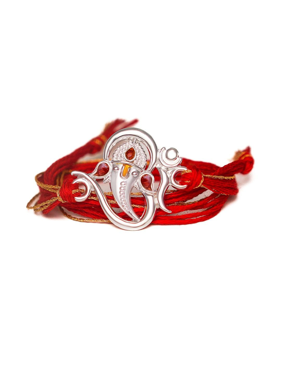 Milan Jewellers Unisex Silver & Red Lord Ganesh Charm With Thread Tie-Ups Rakhi