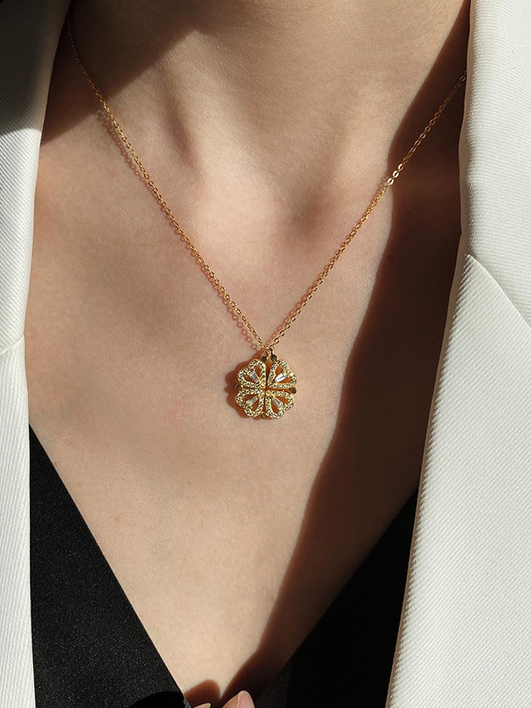 DressBerry Magnetic Four Hearts Golden Pendant Necklace For Women And Girls