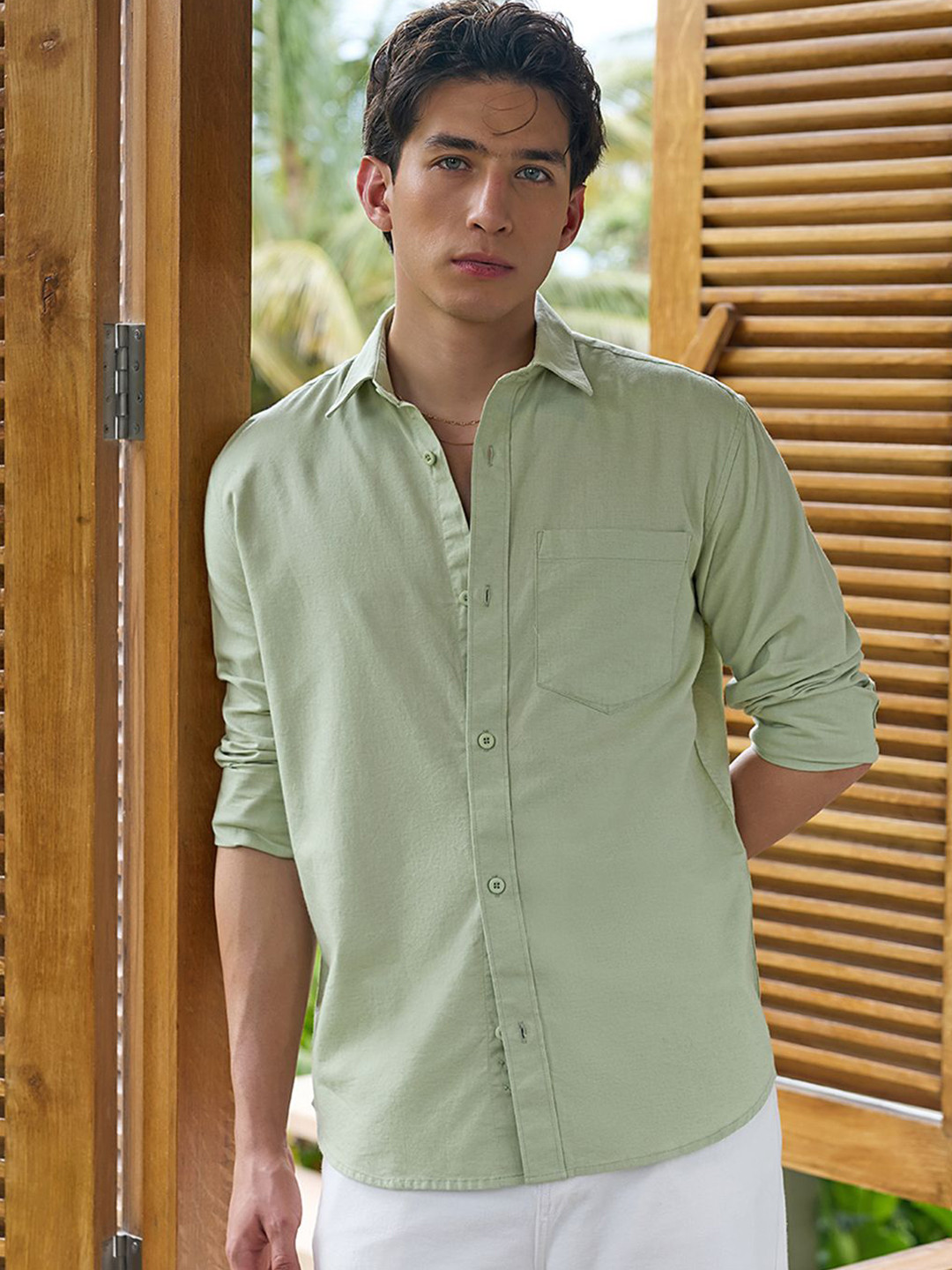 Bewakoof Men's Sage Green Cotton Linen Shirt