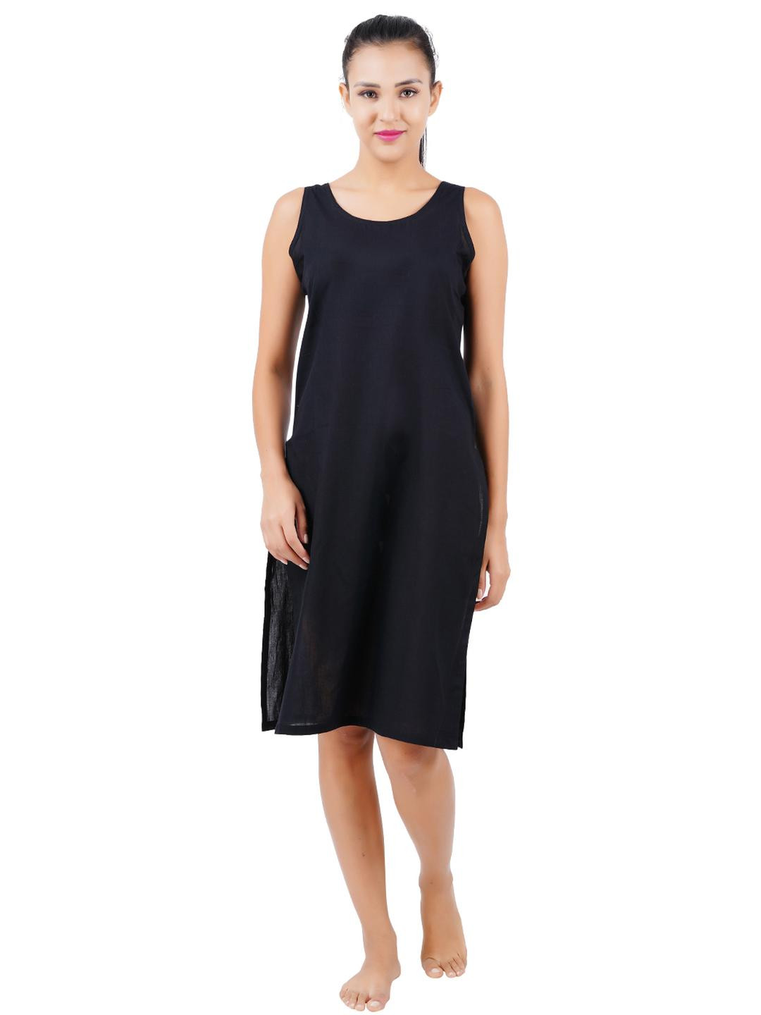 Happy Bunny Women Pack Of 2 White and Black Cotton Solid Knee Long Inner Slip for Kurti