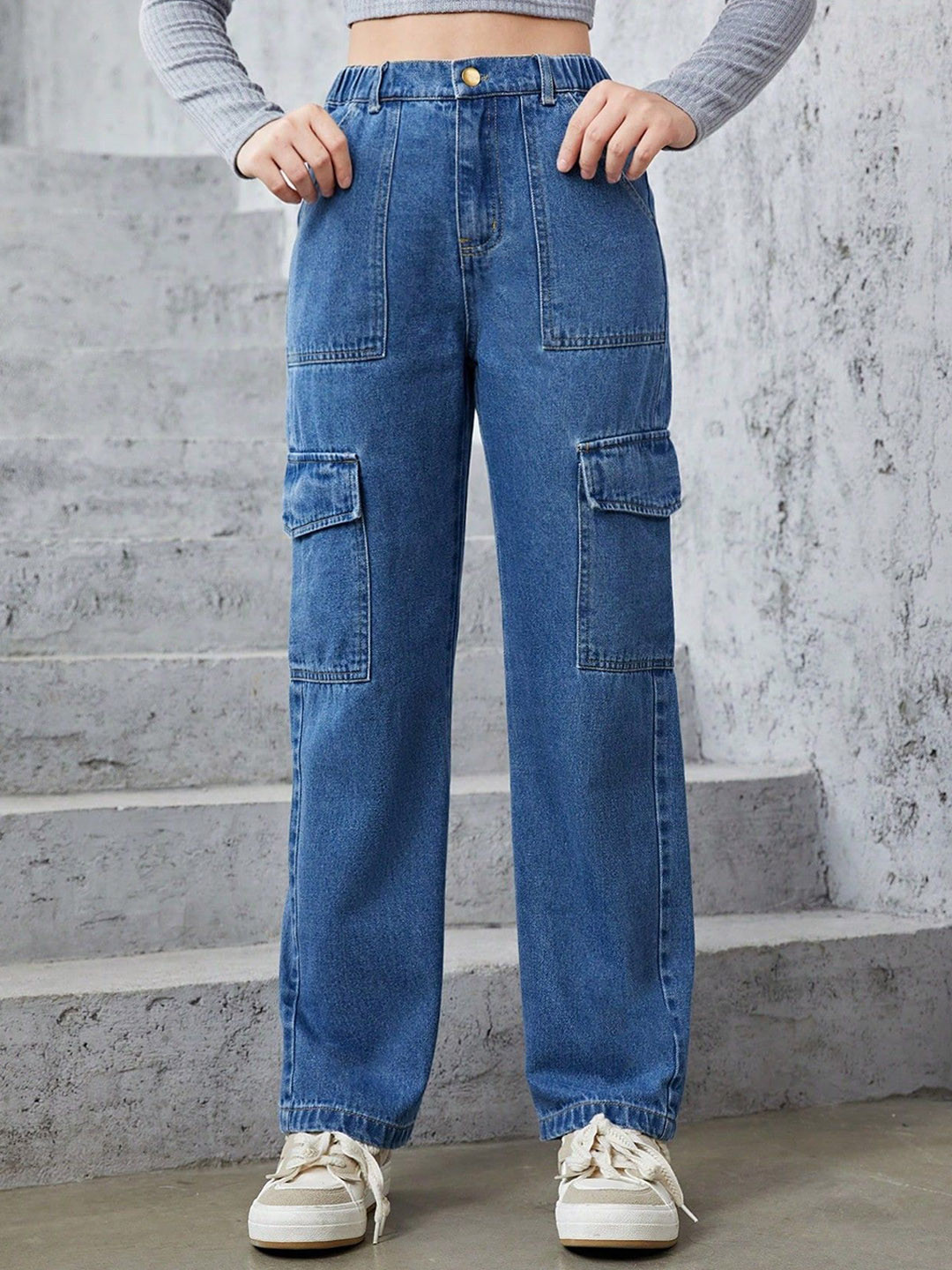 NU CLOTHS Women Jean Regular Fit High-Rise Stretchable Cargo Flap Pocket Denim Jeans