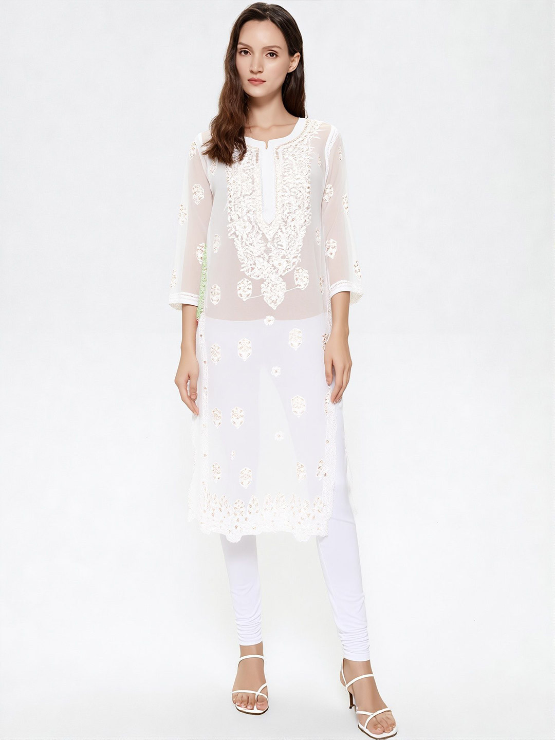 Vineshaa Be You For You Floral Embroidered Cotton Chikankari Notch Neck Straight Kurta