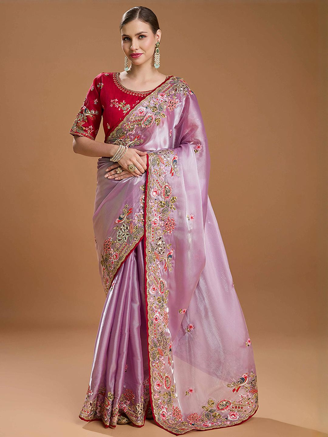 Peachmode Purple Organza Embroidered Saree