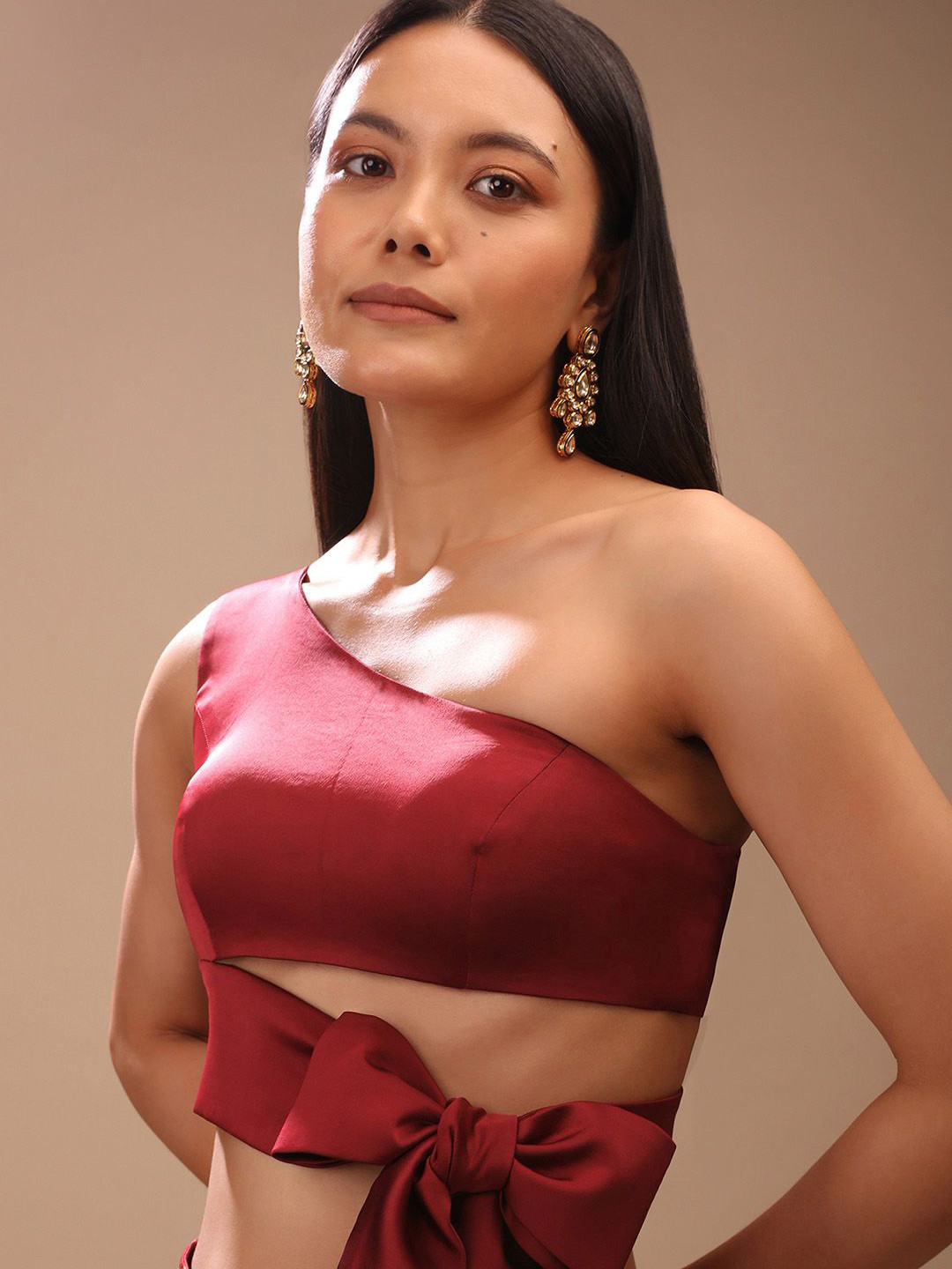 KALKI Fashion Women Satin One Shoulder Neck & Tie Up Bow Top