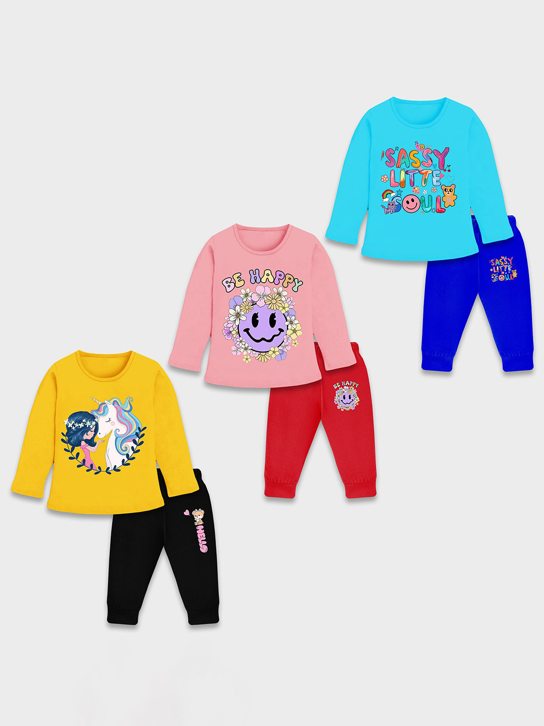 YK Kids Pack Of 3 Graphic Printed Long Sleeves T-shirt With Joggers
