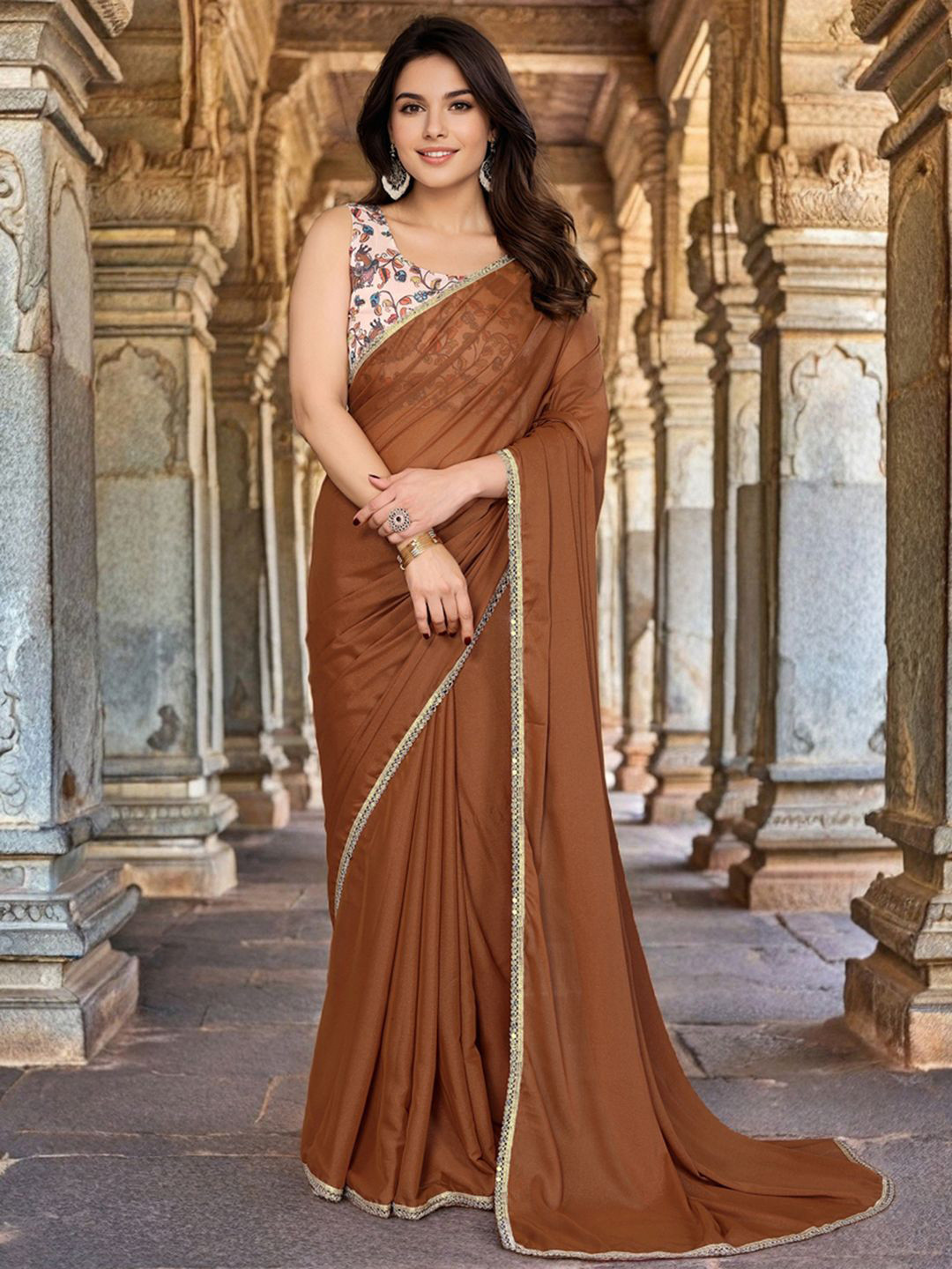 all about you Saree with Embellished Mirror Work Border & Unstitched Blouse