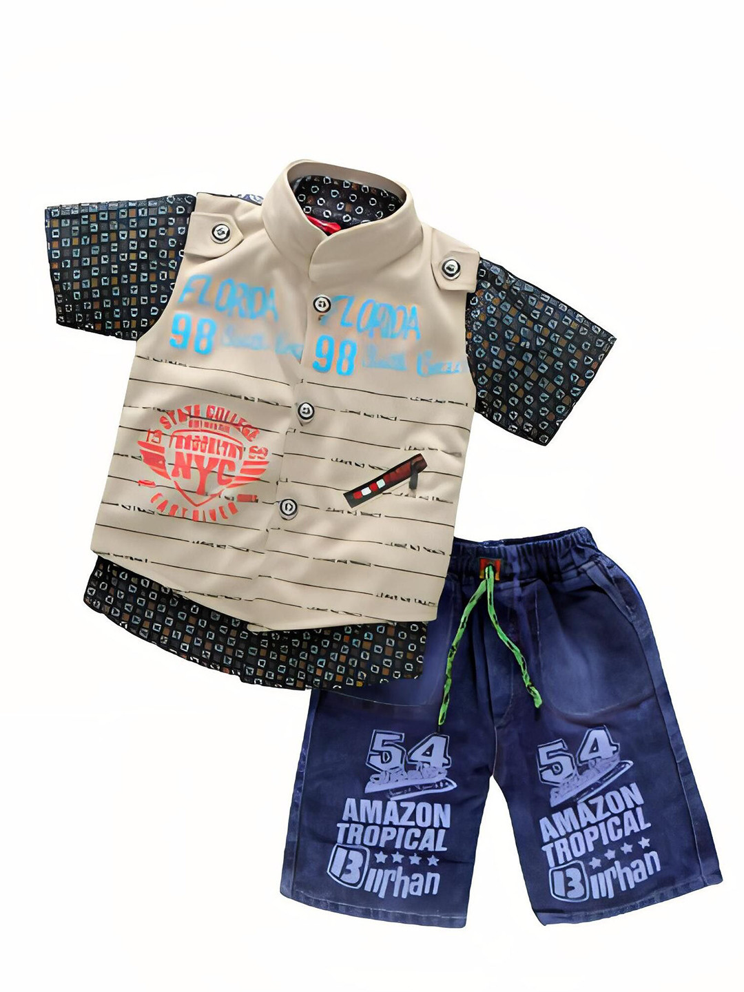 Usman Harooni Collection Kids Printed Mandarin Collar Shirt with Denim Shorts