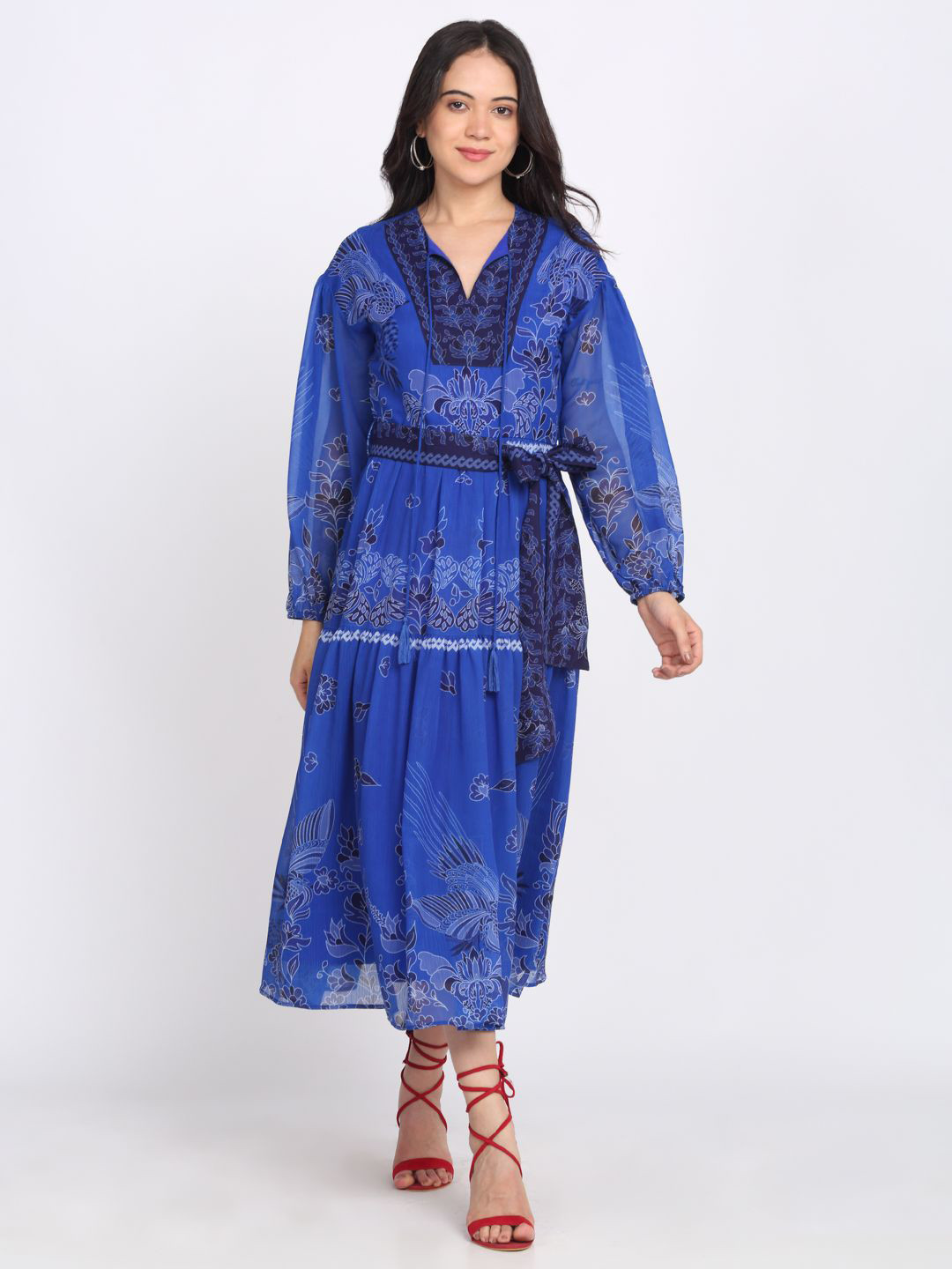 SHAYE Women Blue Floral Print Full Sleeves Puff Sleeves Casual Fit & Flare Dress