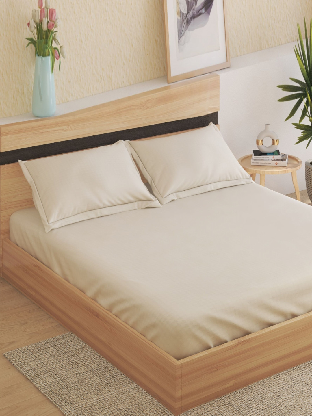Home Centre Zepher Prism Beige Cotton 300 TC Super King Bedsheet Set 2.74 m x 2.74 m