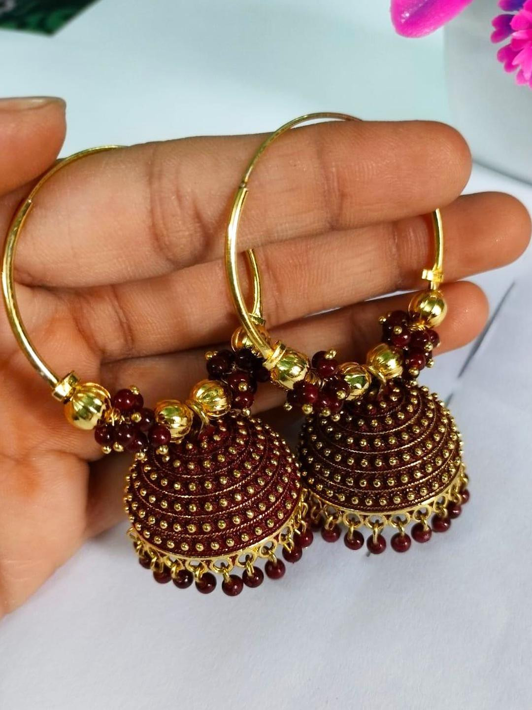 Grace Collections Women Gold-Plated Maroon Jhumkas