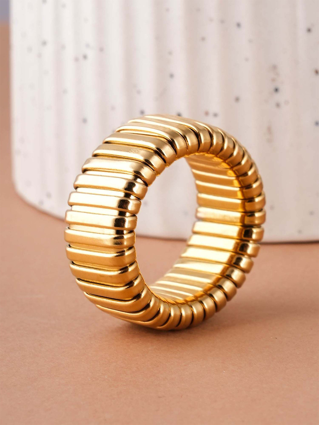 PALMONAS Stainless Steel Gold-Plated Grooved Waterproof Finger Ring