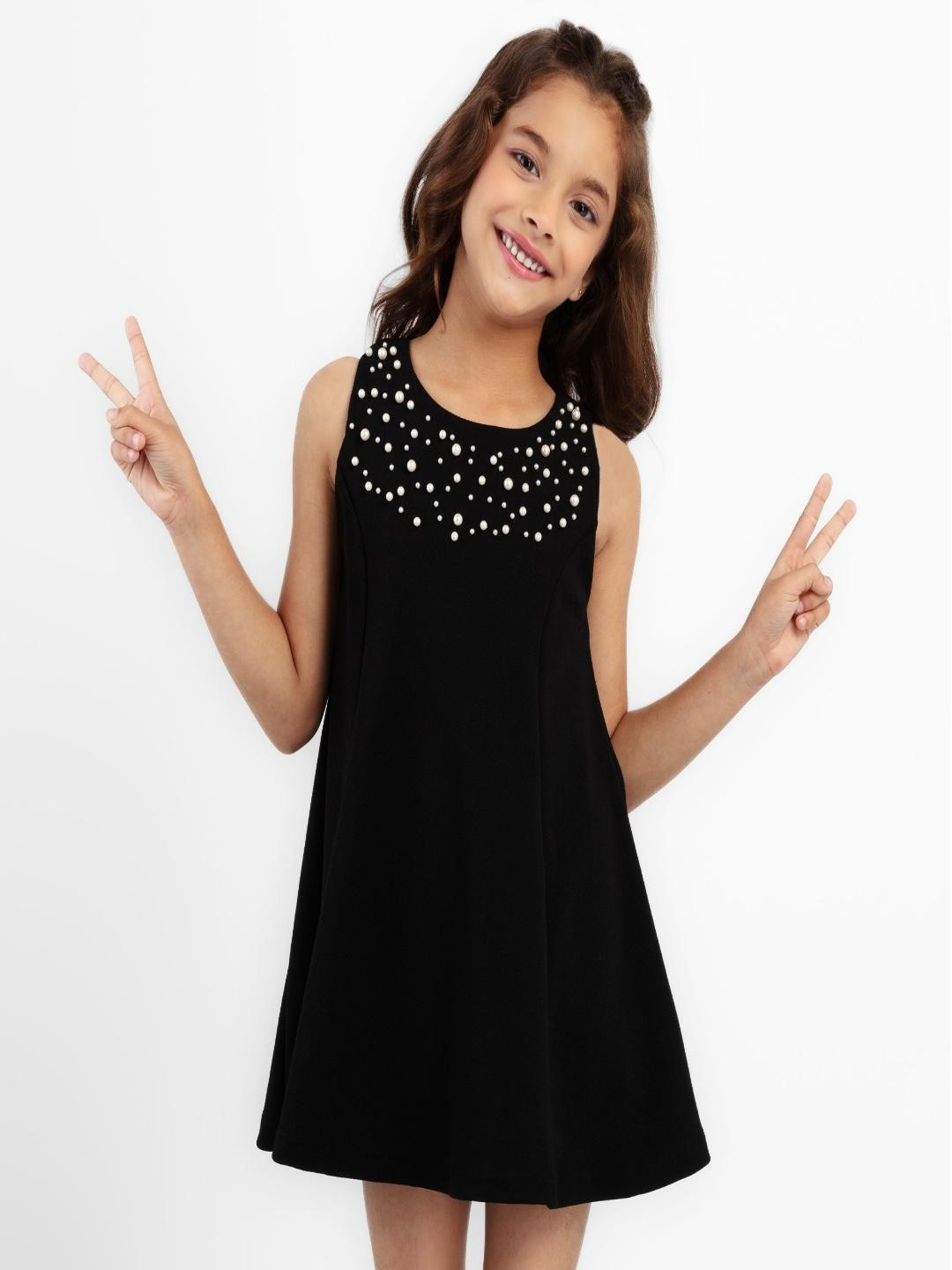 BRIGHT STARS KIDSWEAR Girls Black Soild With Pearls Embellished A-Line Dress