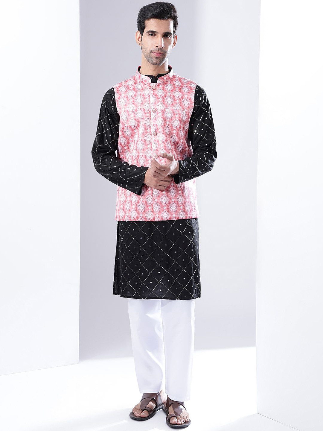 Anouk Men Geometric Embroidered Cotton Kurta With Pyjamas & Printed Coral Nehru Jacket