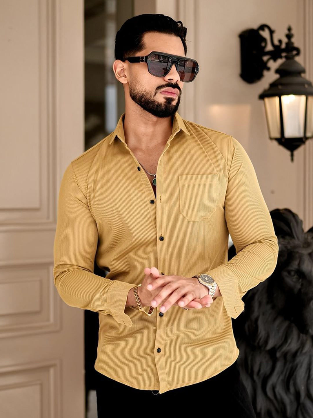 VORTEX Men Original Slim Fit Vertical Striped Spread Collar Casual Shirt