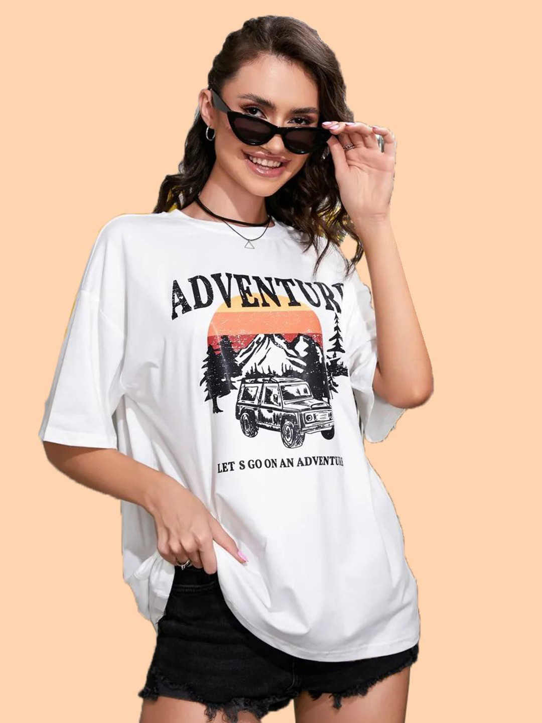 Christy World Women Graphic Printed Round Neck Oversized T-shirt