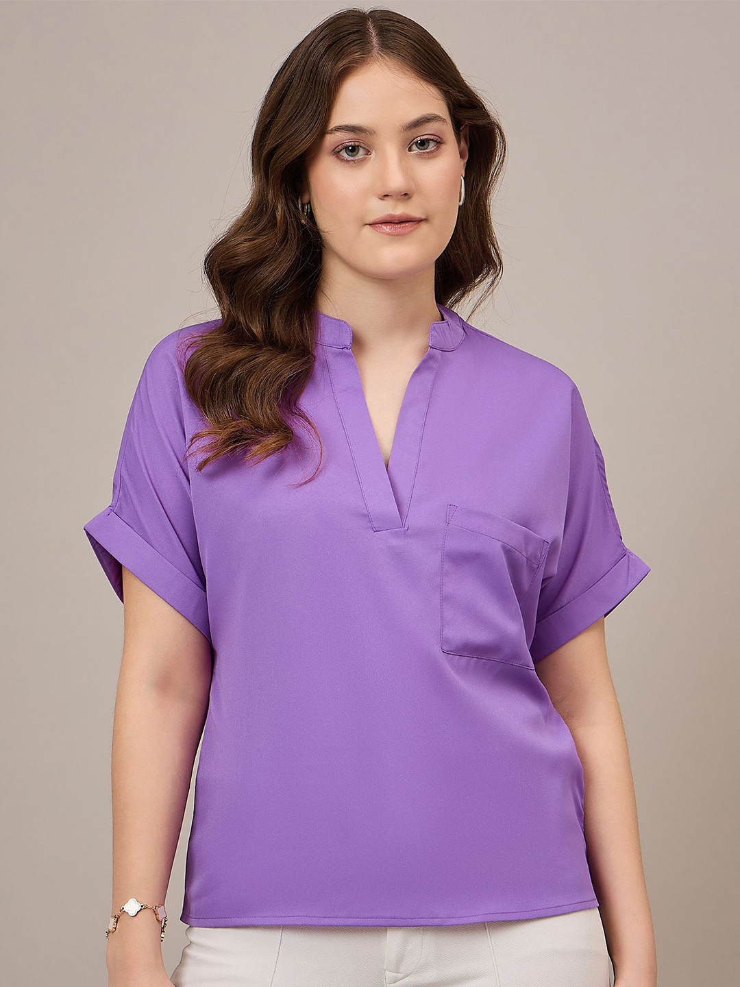 DressBerry Women Modern Fit Solid Mandarin Collar Casual Top