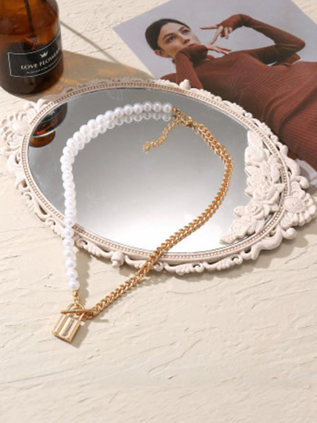 DressBerry Single Layered Pearl Chain Lock Pendant Necklace