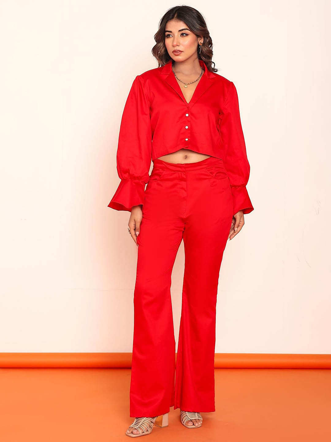 LOVEPRASHA Women Pure Cotton Solid Blazer with Bootcut Trouser Co-Ords
