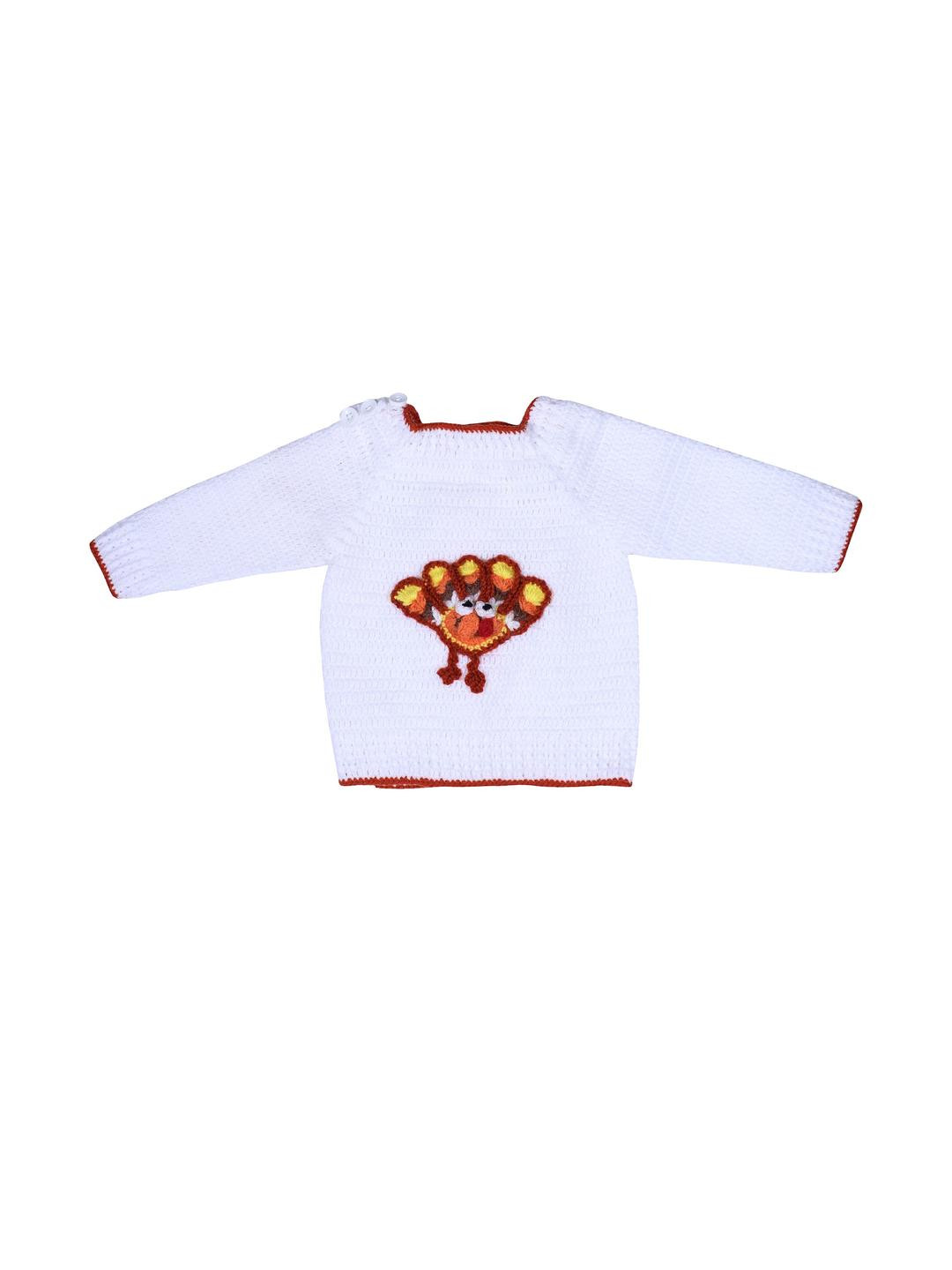 Star Lath Unisex Kids White Ribbed Woolen Long Sleeves Round Neck Sweater