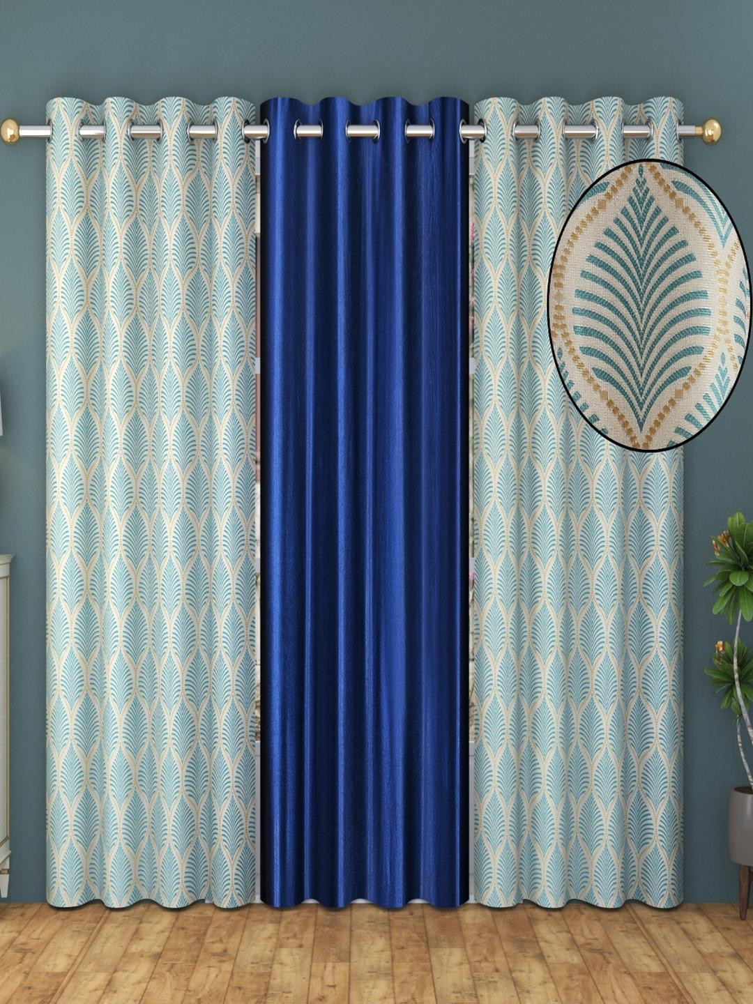 AADI TRADERS Set of 3 Navy Blue Curtains & Sheers