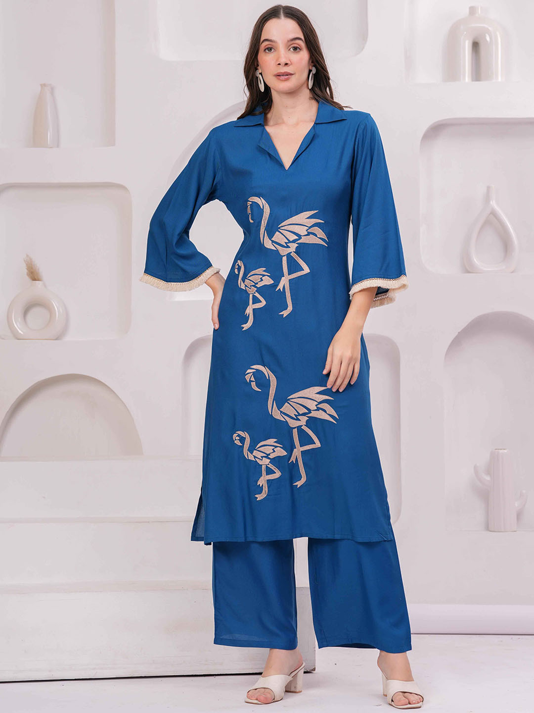 HIGHLIGHT FASHION EXPORT Embroidered Thread Work Shirt Collar Straight Kurta With Palazzos