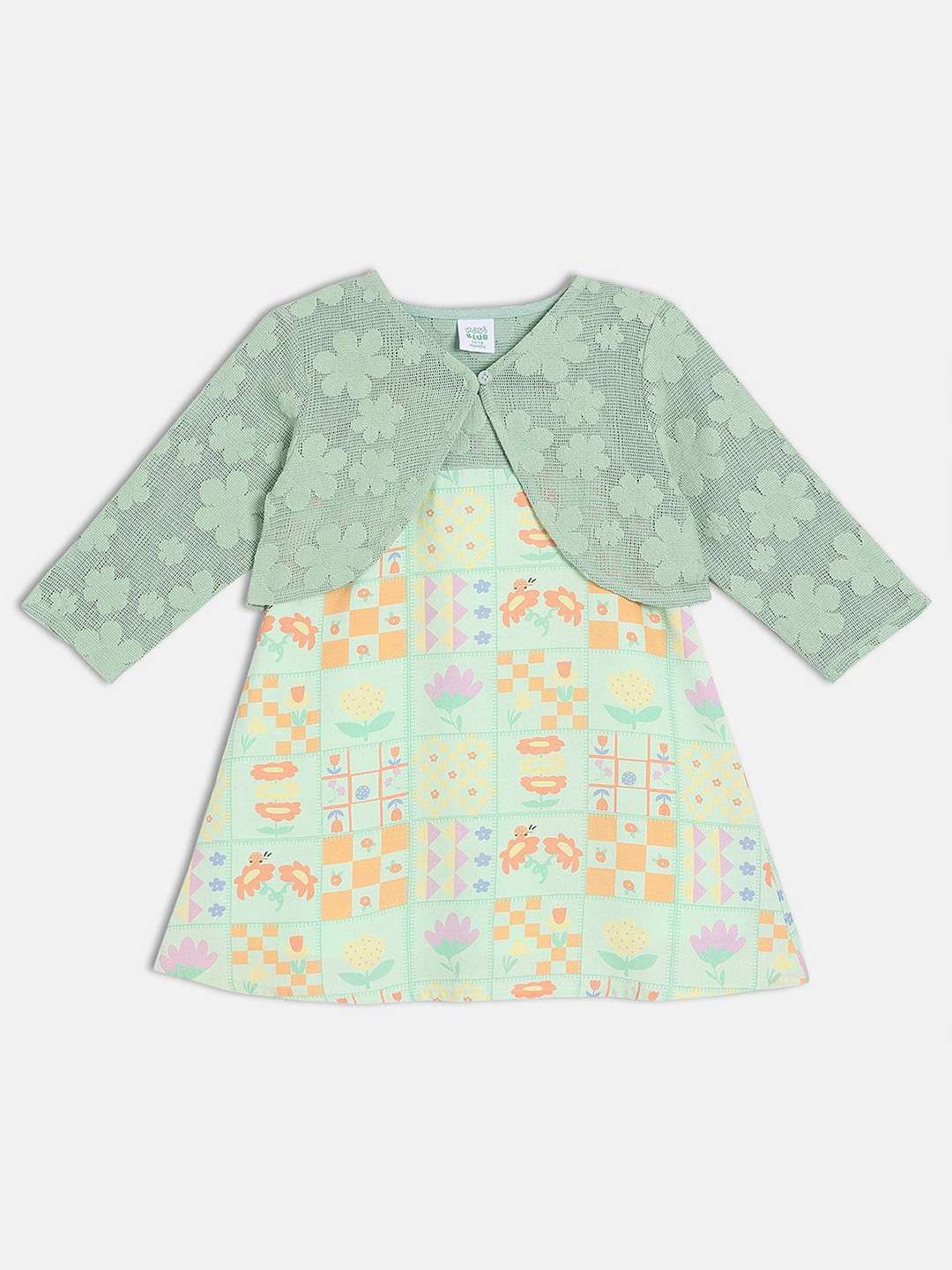 MINI KLUB Girls Floral Print Shoulder Straps  Fit & Flare Dress with Shrug