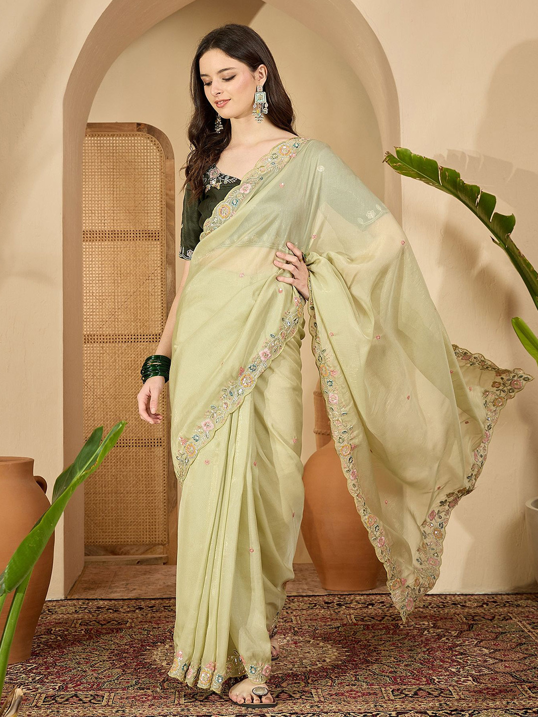 Sangria Floral Organza Embroidered Simmer Art Silk Saree
