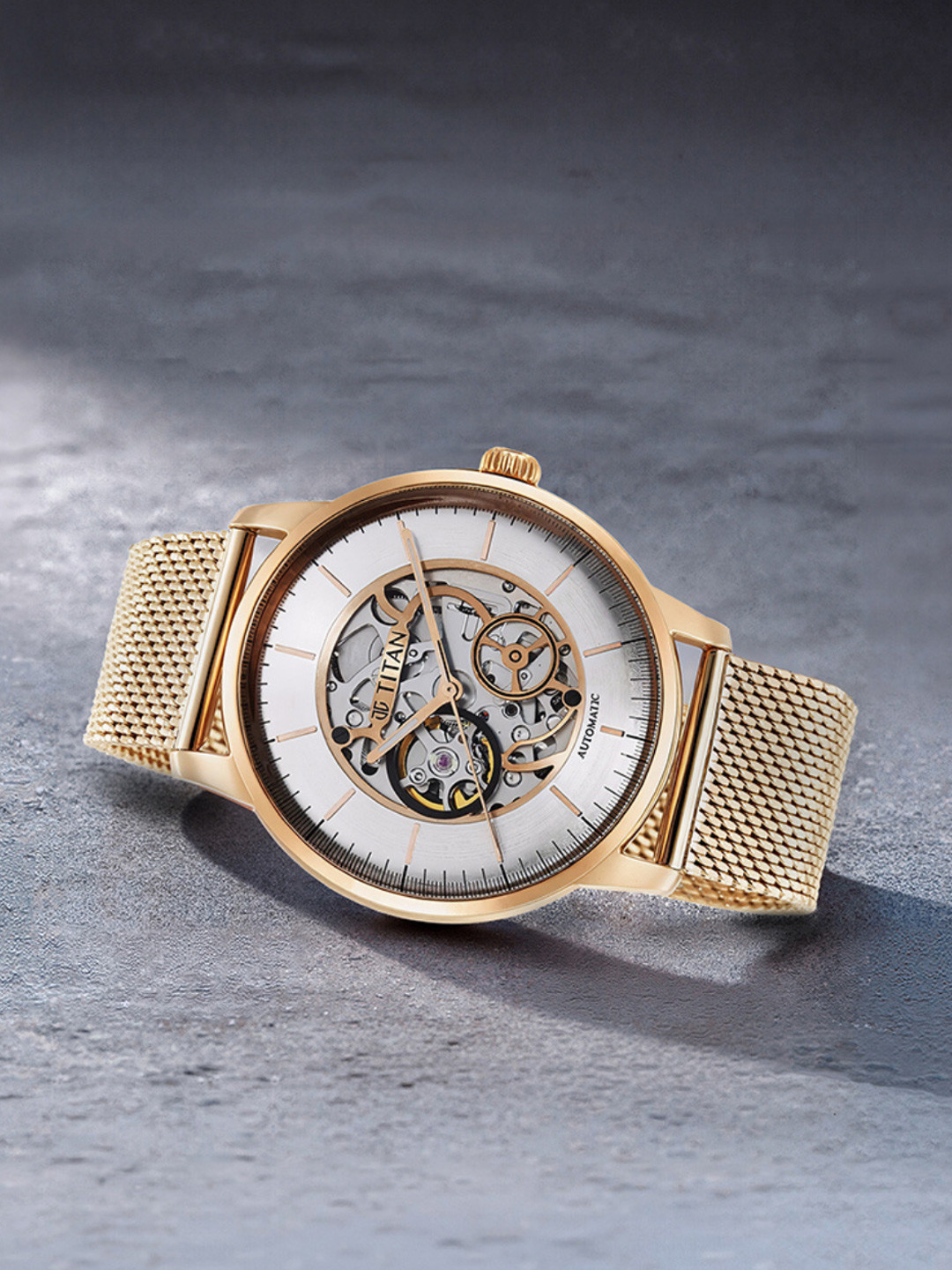 Titan Men White Skeleton Dial & Stainless Steel Bracelet Style Straps Analogue Watch 90110WM01