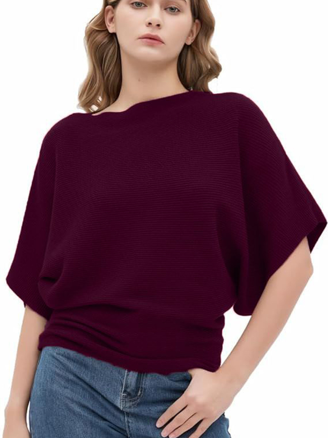 Maroon Ribbed Boat Neck Batwing Sleeve Blouson Top