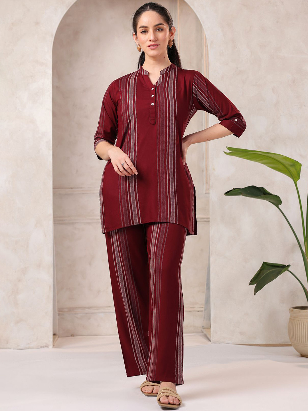 NIGHTSPREE Striped Mandarin Collar Top & Trousers