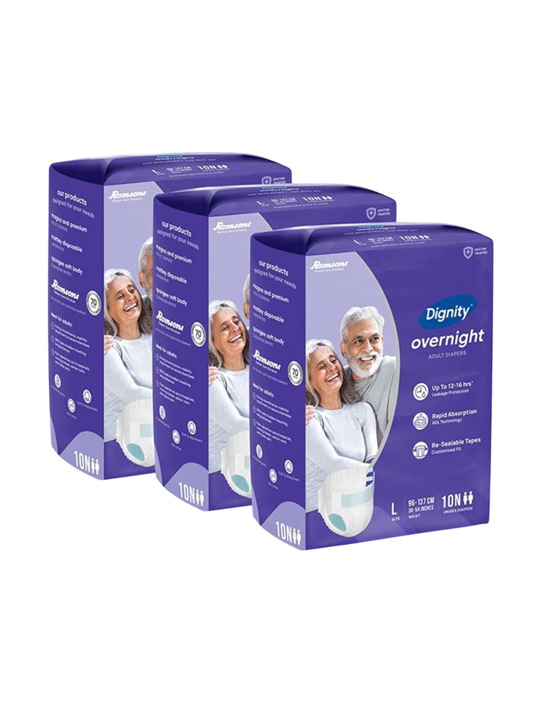 Dignity Set Of 3 Overnight Tape Style Adult Diapers- L- 10 Pcs Each
