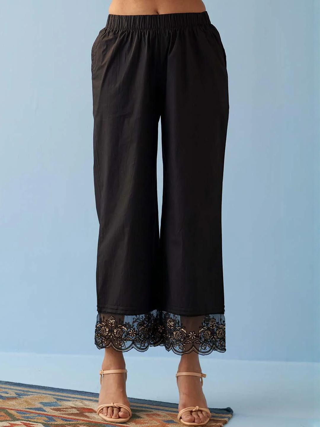 Lakshita Women Black Straight Palazzo With Contrast Thread Embroidery