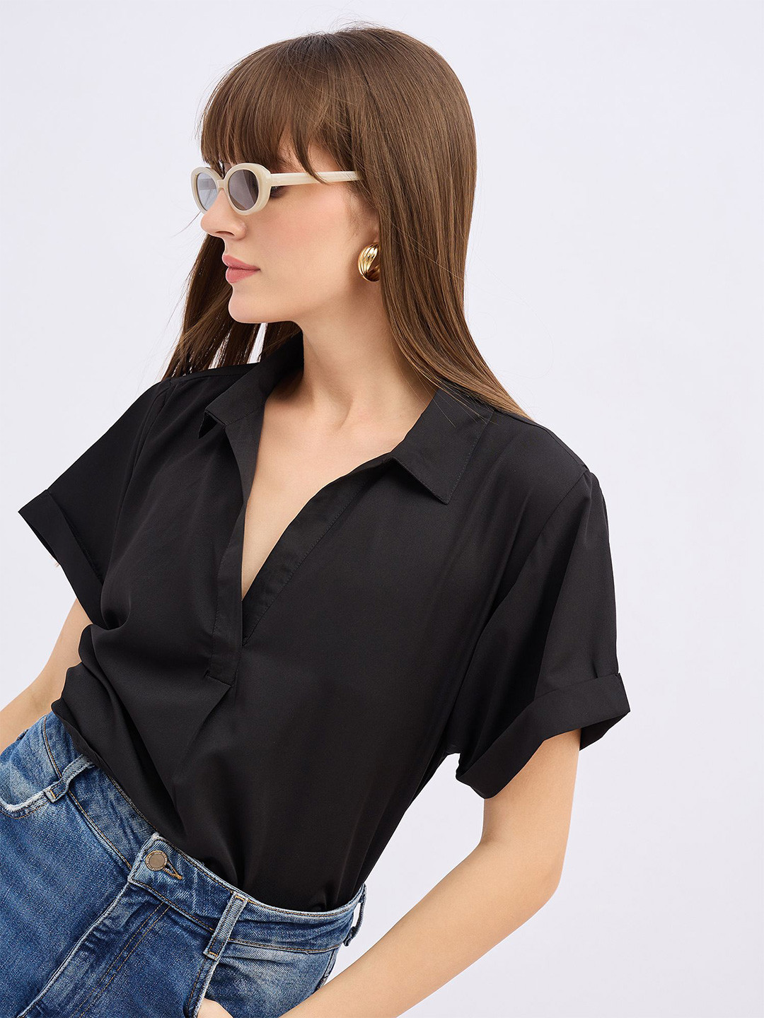 DressBerry Women Modern Fit Solid Spread Collar Casual Top