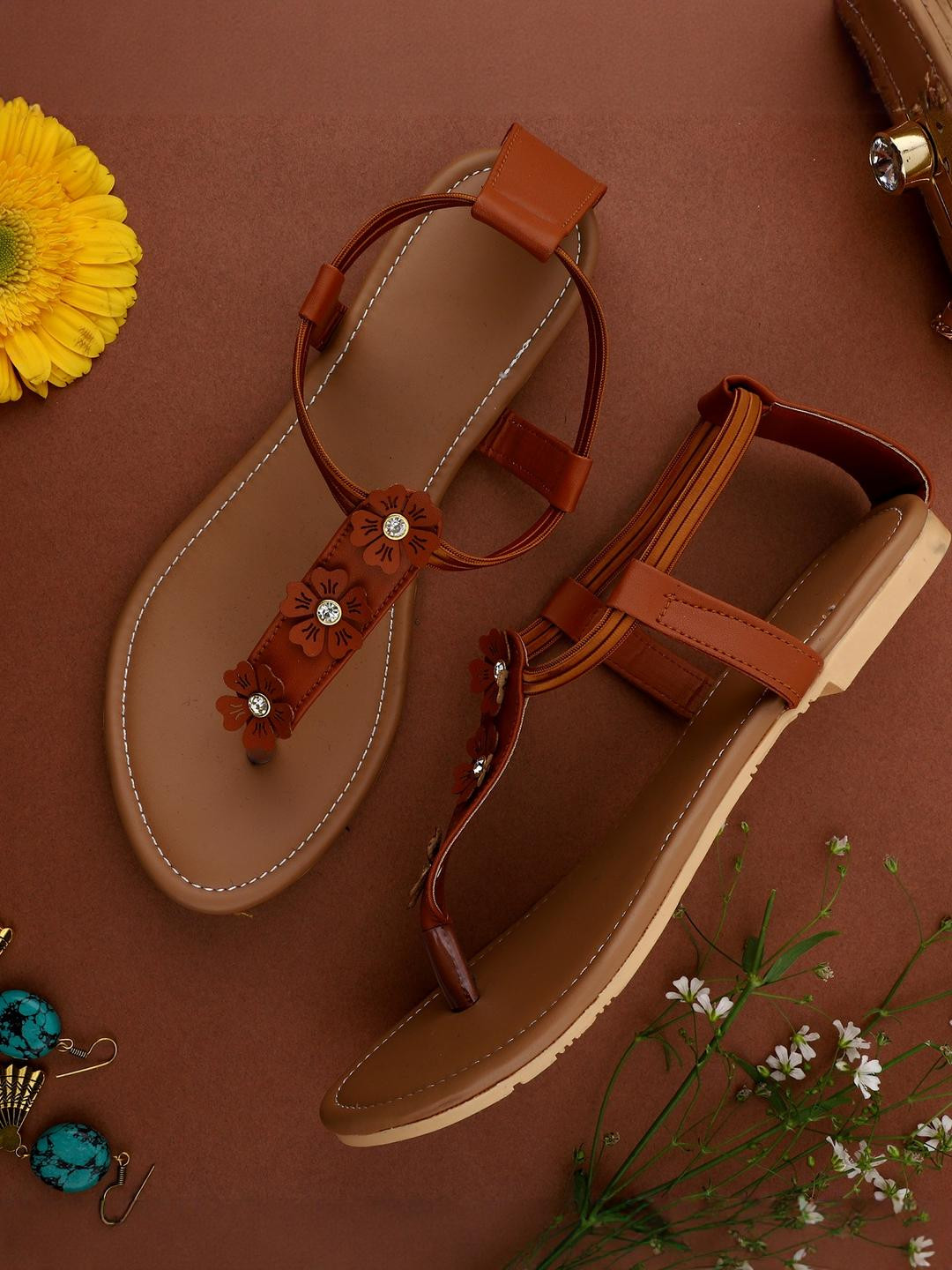 citaali Women Tan Synthetic Leather Comfort Sandals