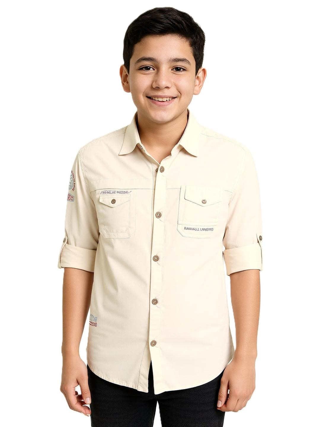 CAVIO Boys Cream Printed Full Sleeve Casual Shirt
