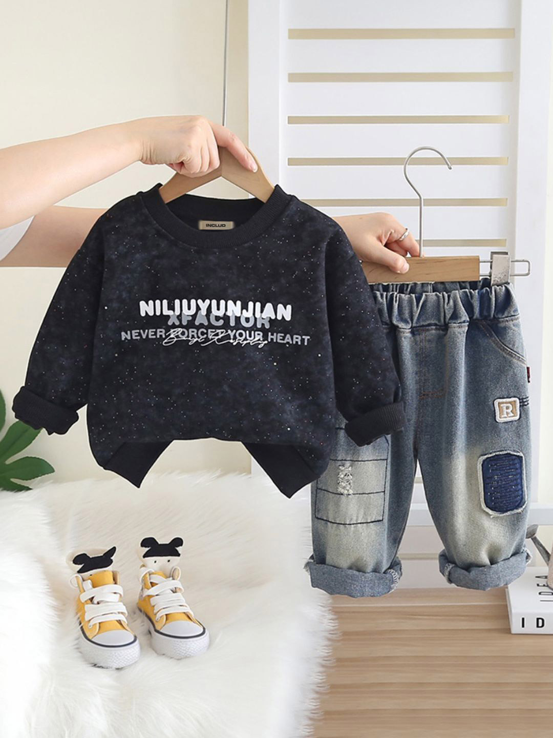 INCLUD Boys Typographic Printed Round Neck Sweatshirt With Denim Pant