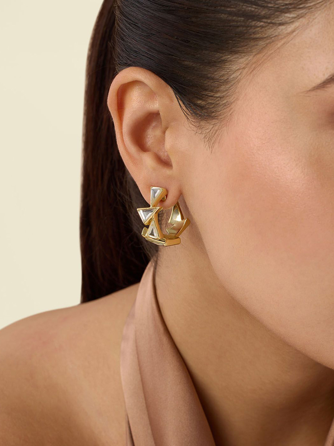 Isharya 18Kt Gold Plated Demi Triangle Mirror Huggy Stones Studded Hoop Earrings