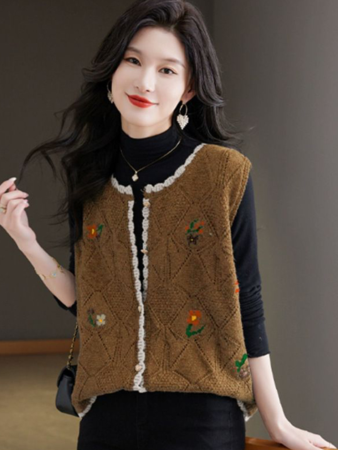 StyleCast Women Self Design Open Knit Round Neck Cashmere Cardigan