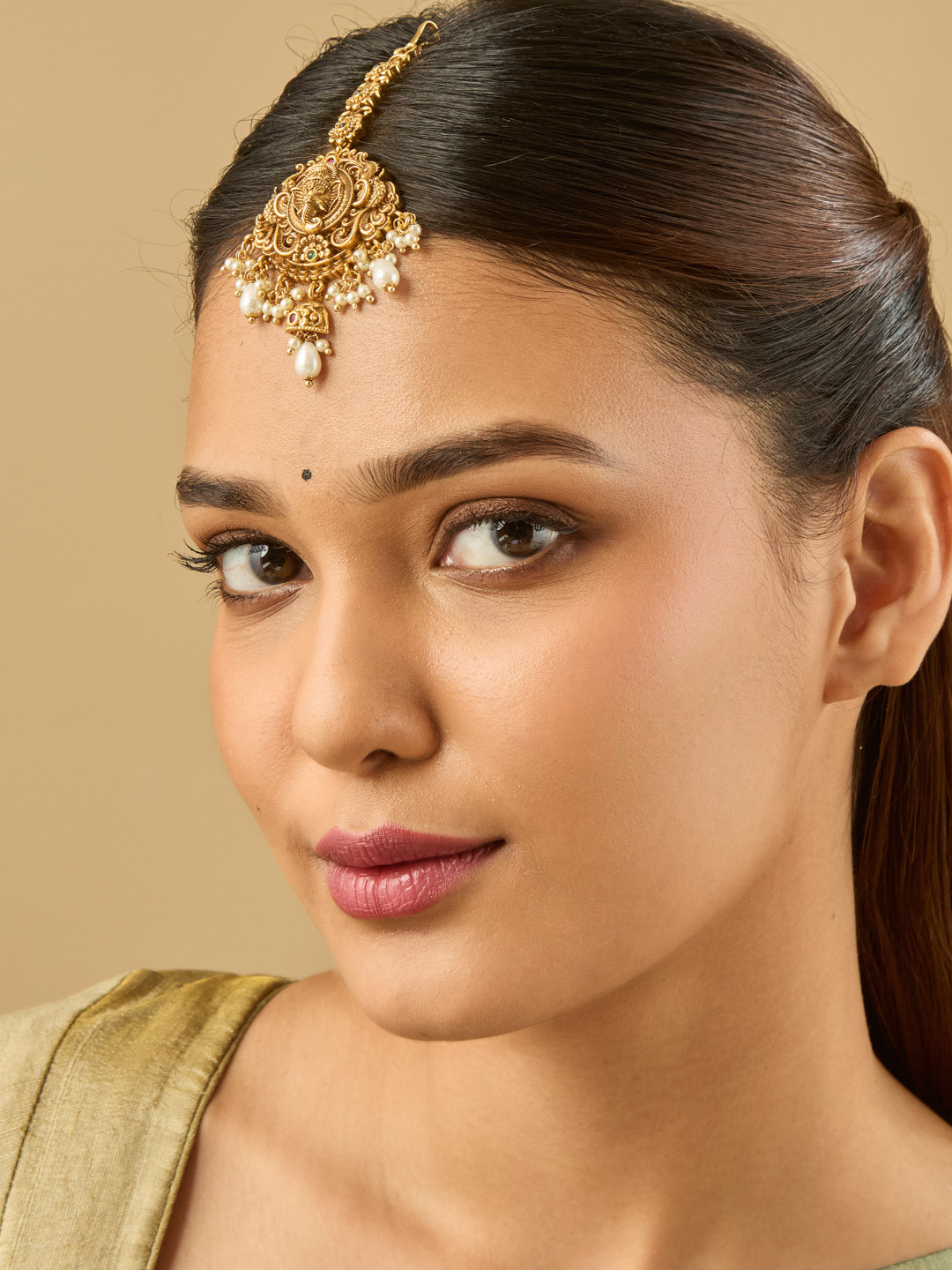 Kushal's Fashion Jewellery Gold Plated Ruby Studded Antique Maang Tikka