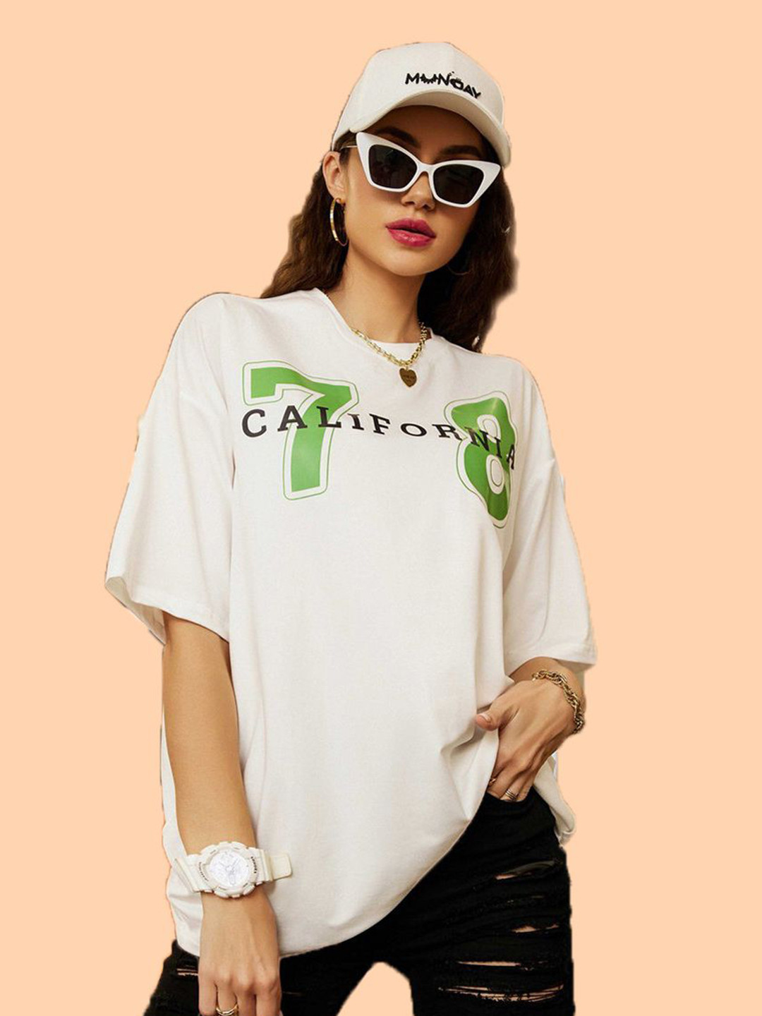 Christy World Typography Printed Round Neck Drop-Shoulder Sleeves Oversized T-shirt
