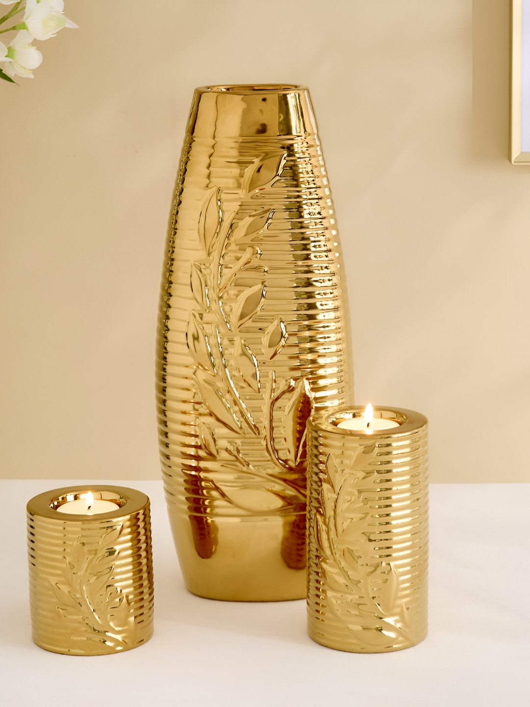 Home Centre Gold-Toned 3 Pieces Textured Ceramic T-Light Holders With Vases