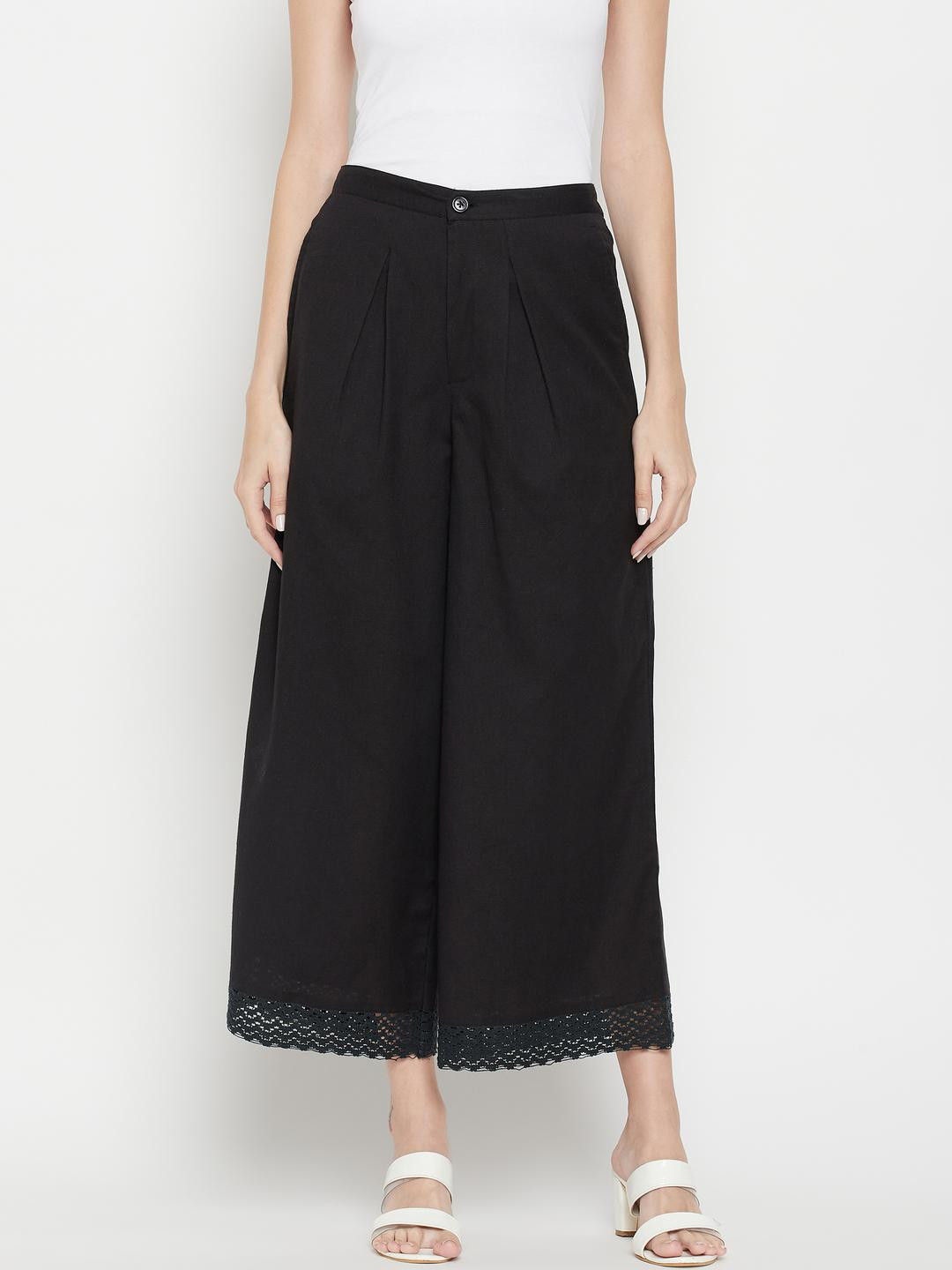 MJ LIFE STYLE Women Black Wide-Leg Culottes with Lace Hem Palazzos