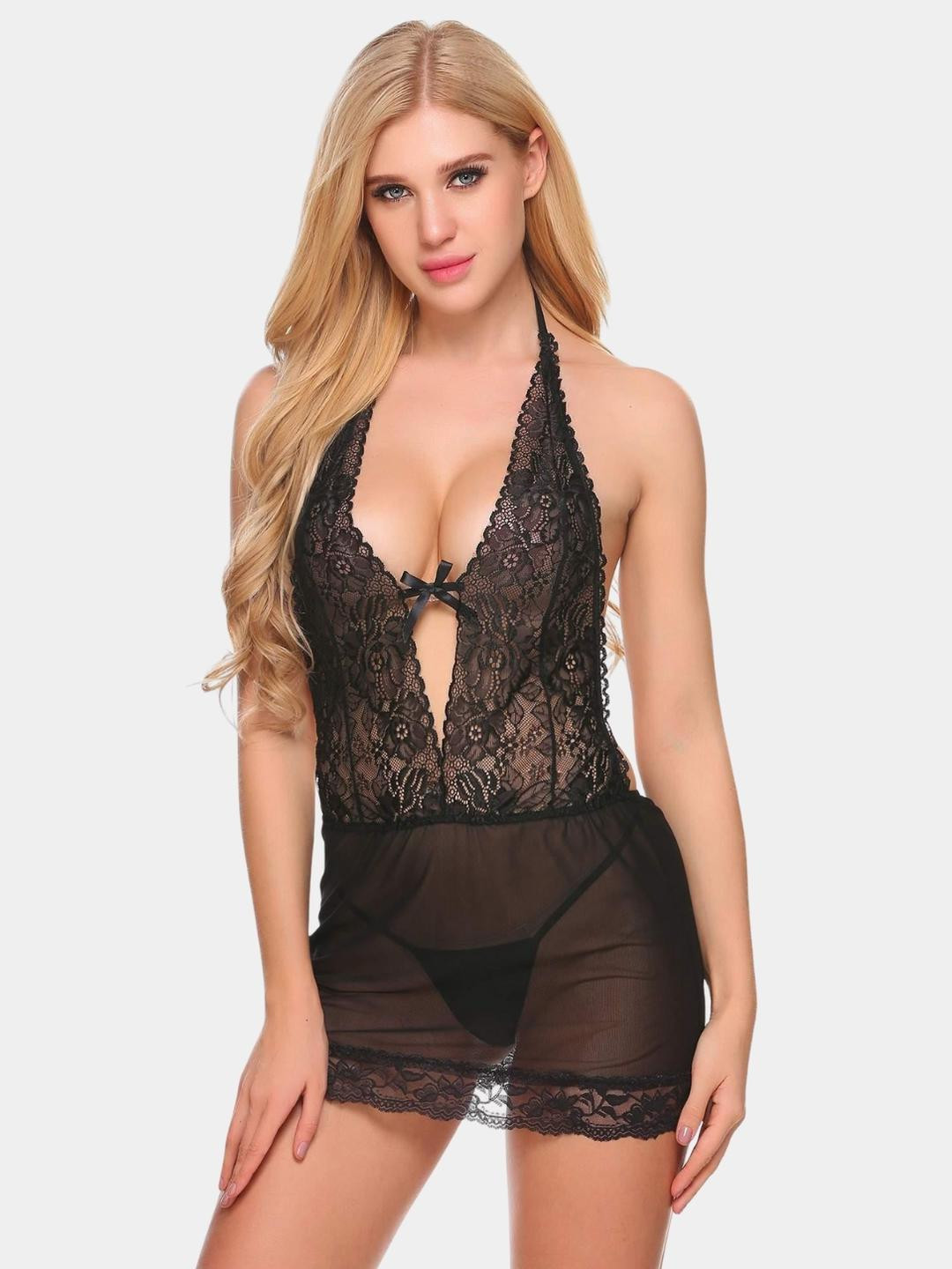 MYZA Women Black Semi Transparent Deep Neck Baby Doll