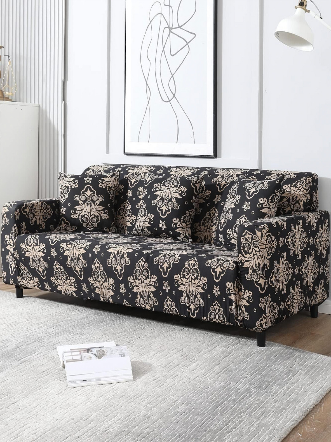 Myntra Elegant Homes Black & Beige Floral Printed L-Shape 3 Seater Sofa Cover