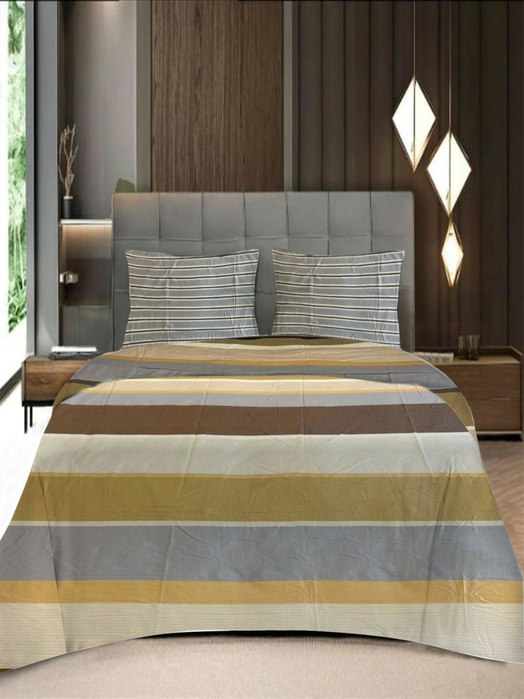 Threadwear Beige & Grey Printed 400 TC Cotton Super King Bedsheet Set 2.75 m x 2.75 m