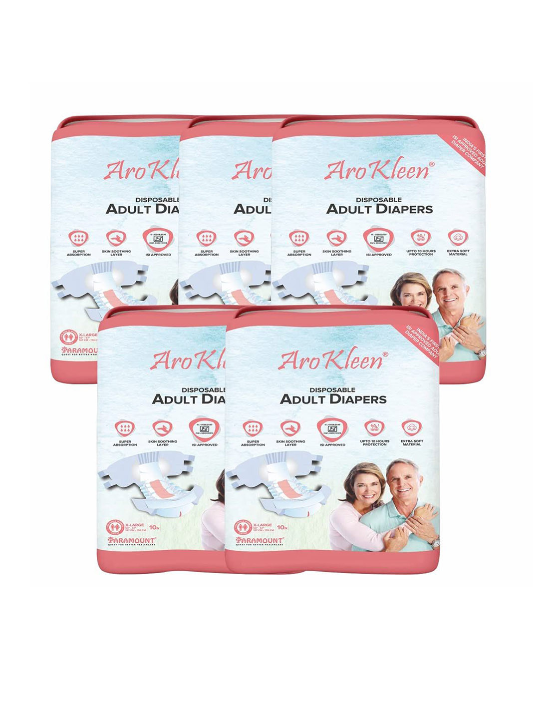 Arokleen Set Of 5 Premium Tape Style Adult Diapers - XL - 10 Pcs Each