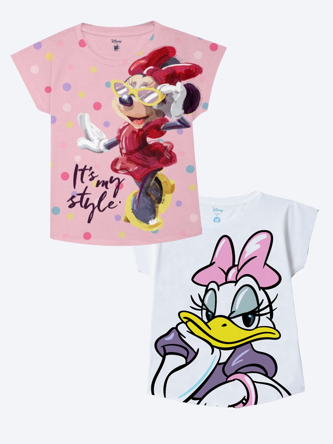 YK Disney Girls Pack of 2 Graphic Printed Cap Sleeves Cotton Tops
