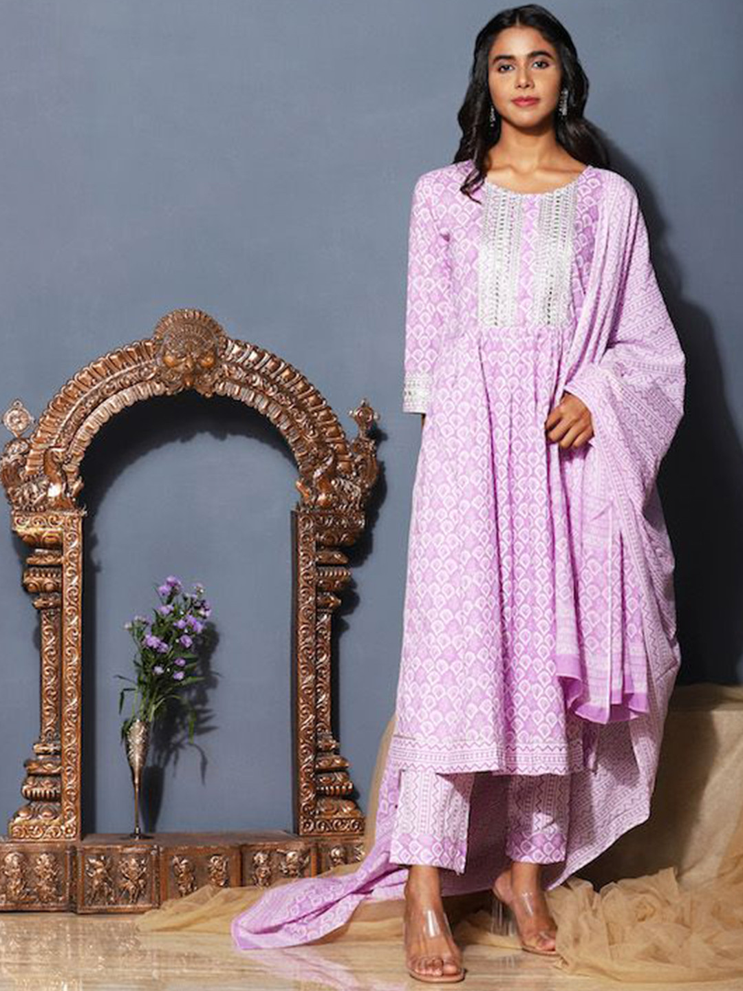 Raeth Apparels Floral Printed Thread Work Pure Cotton Anarkali Kurta Trouser & Dupatta