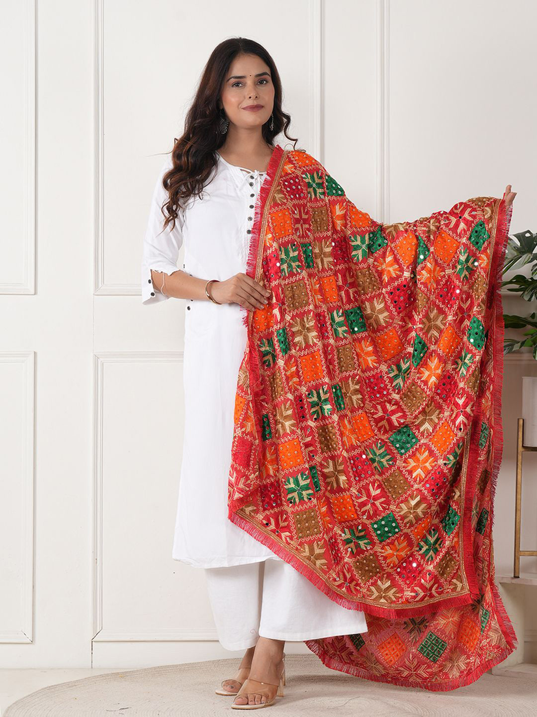 ZOOMBIE Ethnic Motifs Printed Mirror Work Dupatta